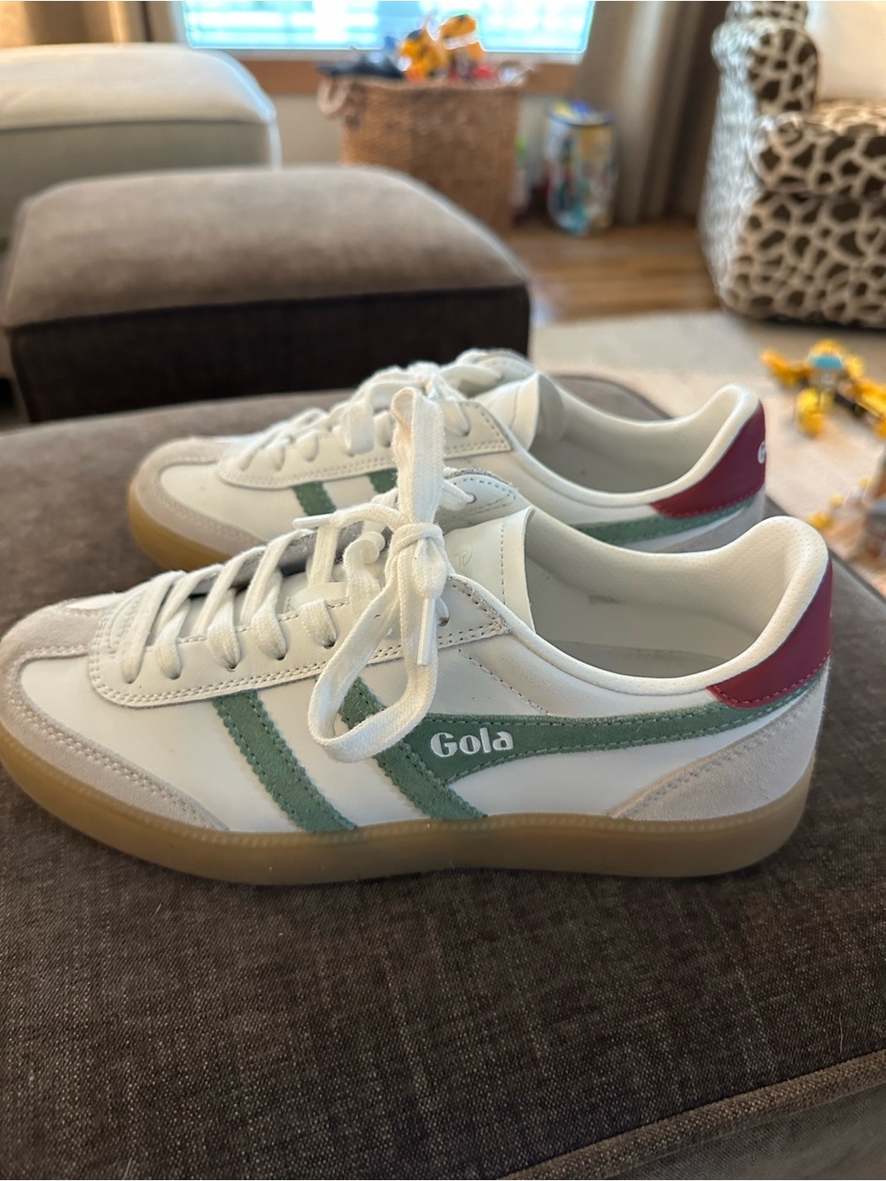 Gola White Sneakers with Green Stripe and Burgundy Heel
